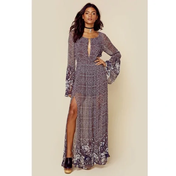 The Jetset Diaries | Dresses | Jetset Diaries La Cucaracha Maxi Dress Grey  Purple Long Sleeve Sheer Revolve Tjd